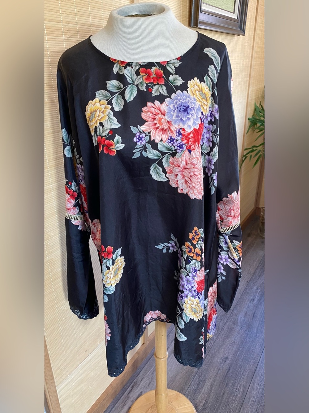 Genuine Johnny Was 100% Silk Black Floral Label Tunic with Multicolor Embroidery